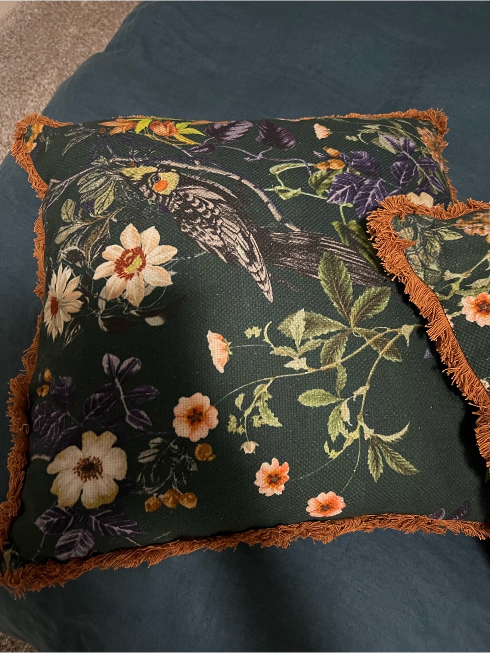 Anthropologie Dark Green Floral & Bird Fringe Accent Pillow